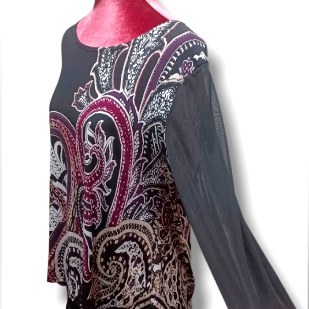 Chico's 3/4 Sleeve Anti-Wrinkle Travelers Paisley Black Purple Sz 3 Work Blouse
